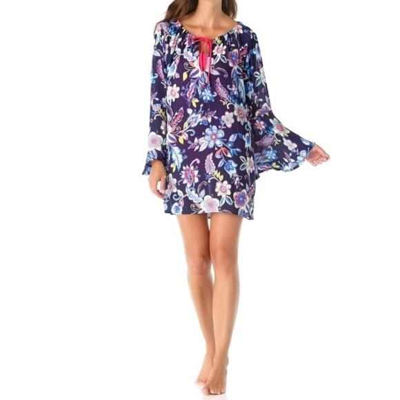 Anne Cole Tie Neck Bell Sleeve Shift Dress Navy Floral XS Tunic EUC - Picture 2 of 8